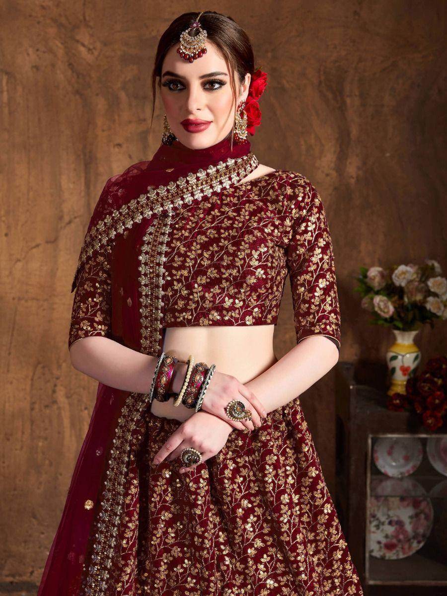 Captivating Maroon Sequins Raw Silk Lehenga Choli With Dupatta - Zeel Clothing