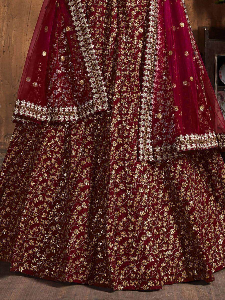 Captivating Maroon Sequins Raw Silk Lehenga Choli With Dupatta - Zeel Clothing