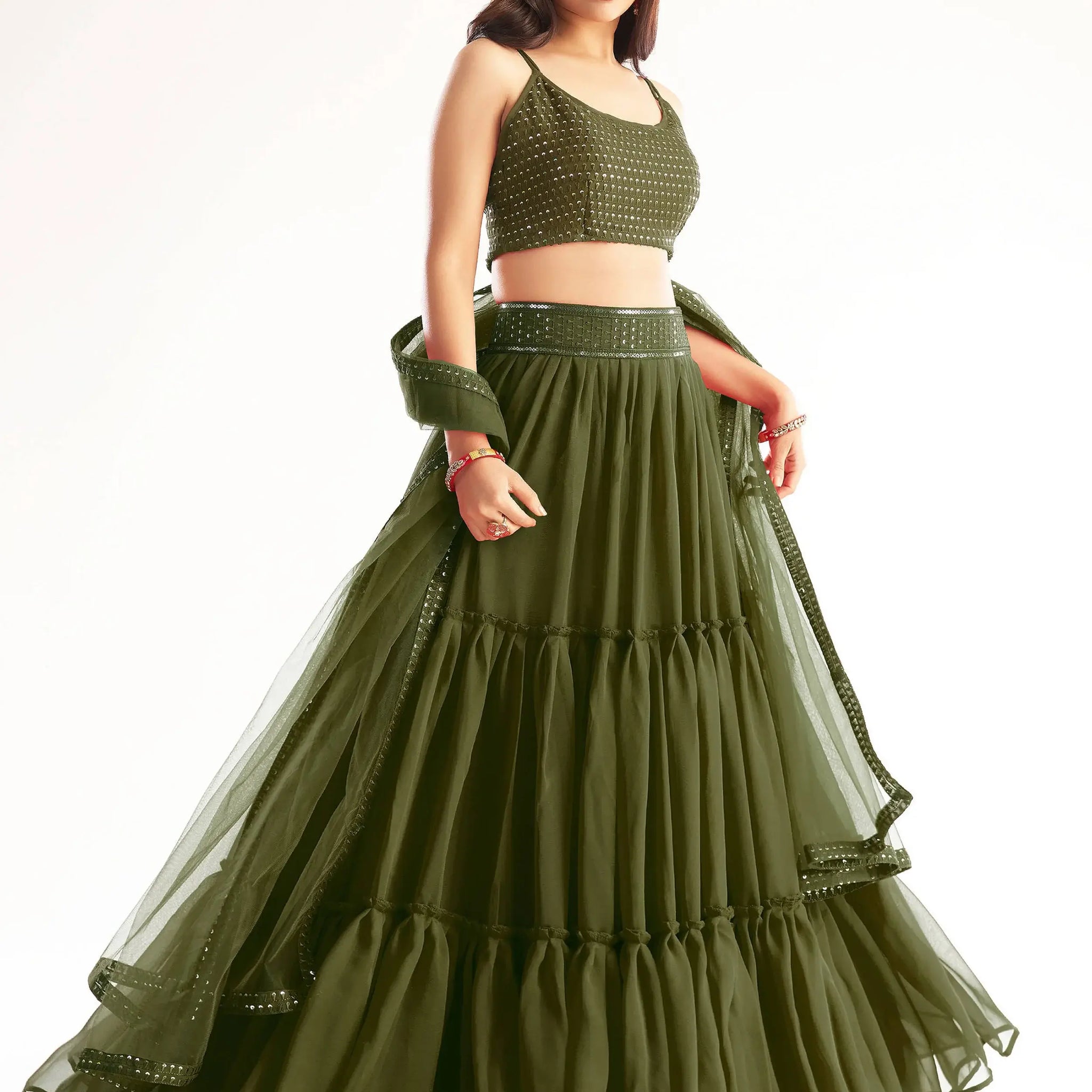 Captivating Mehndi Green Sequins Georgette Party Wear Lehenga Choli - Zeel Clothing