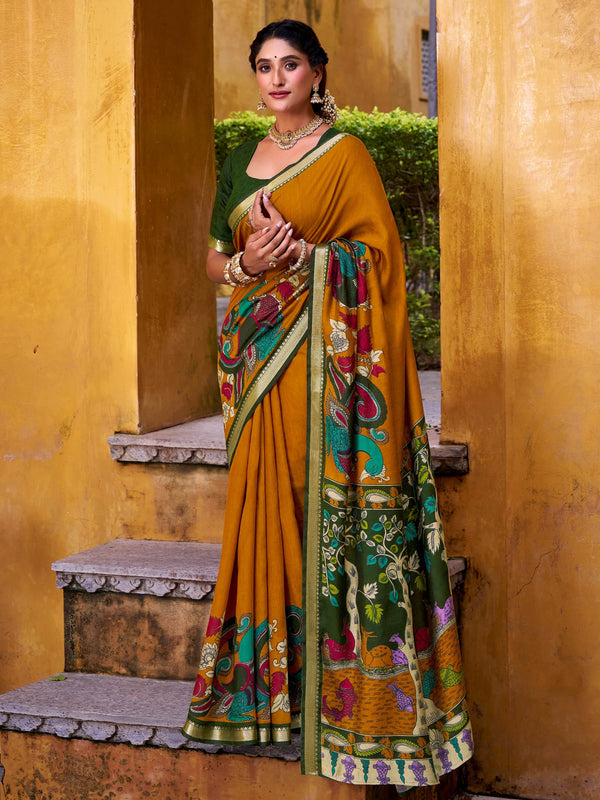 Captivating Mustard Yellow Kalamkari Print Chanderi Silk Saree With Blouse