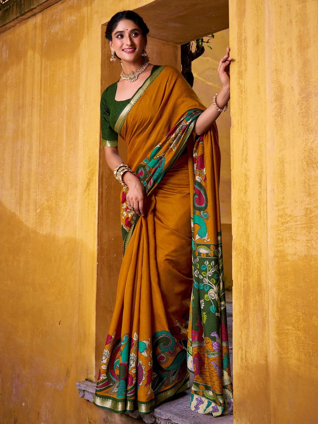 Captivating Mustard Yellow Kalamkari Print Chanderi Silk Saree With Blouse