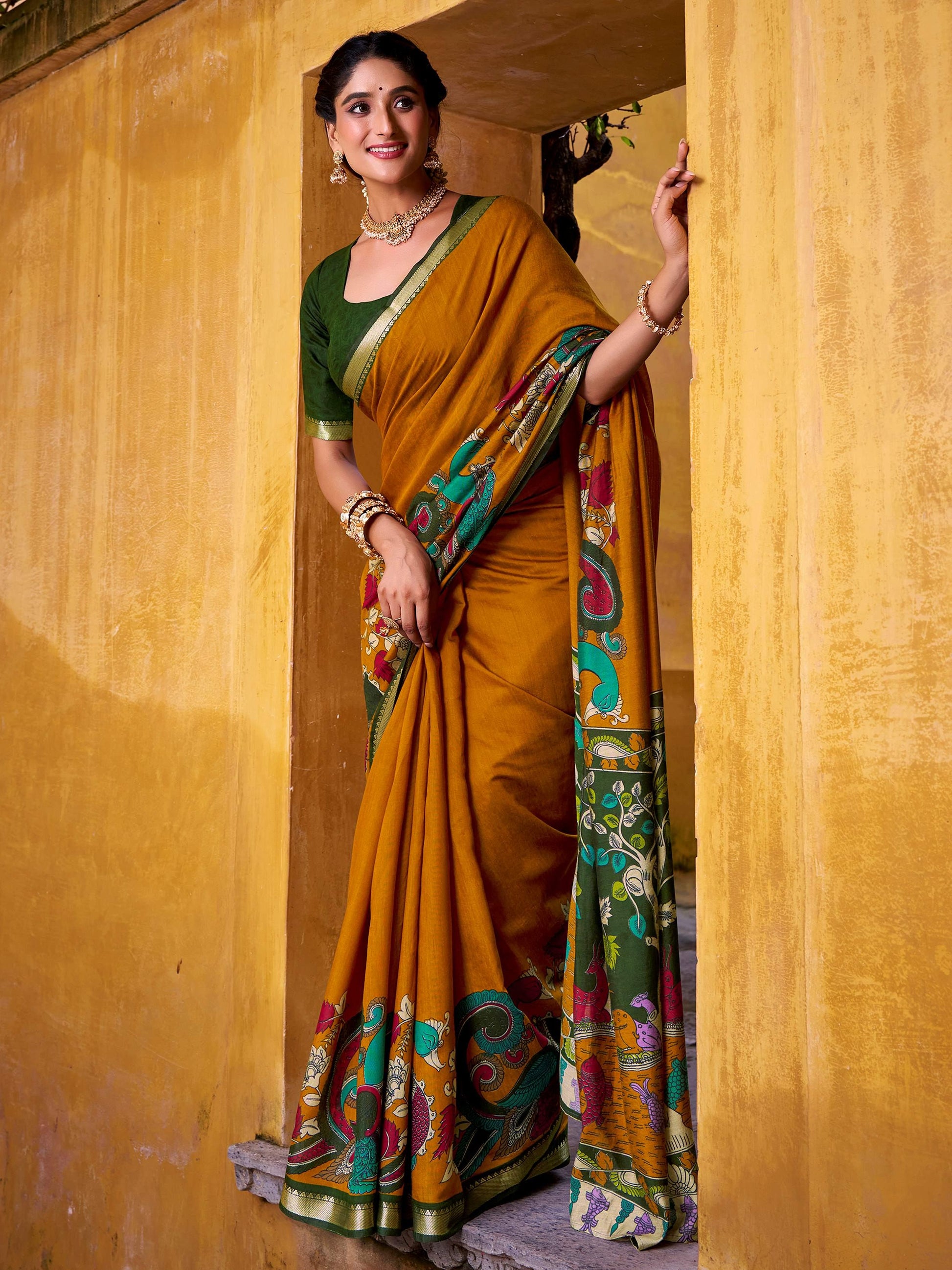 Captivating Mustard Yellow Kalamkari Print Chanderi Silk Saree With Blouse