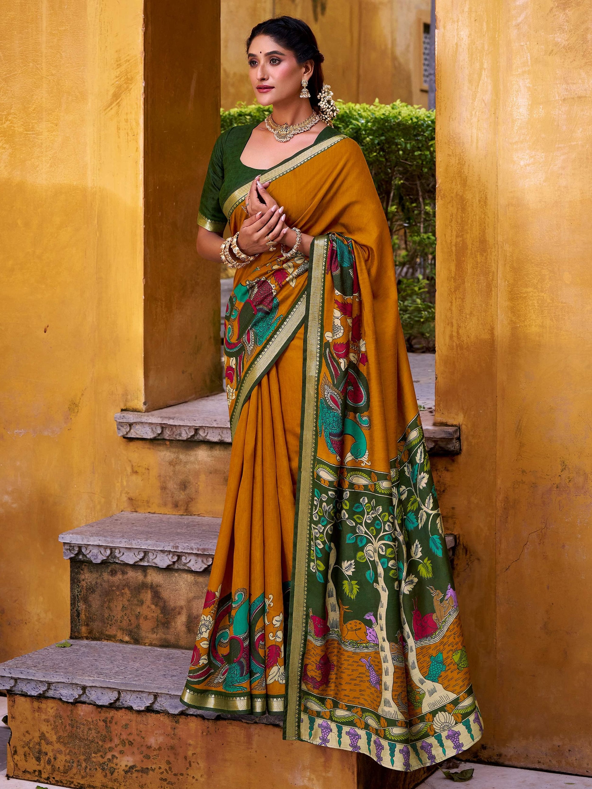 Captivating Mustard Yellow Kalamkari Print Chanderi Silk Saree With Blouse