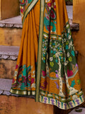 Captivating Mustard Yellow Kalamkari Print Chanderi Silk Saree With Blouse