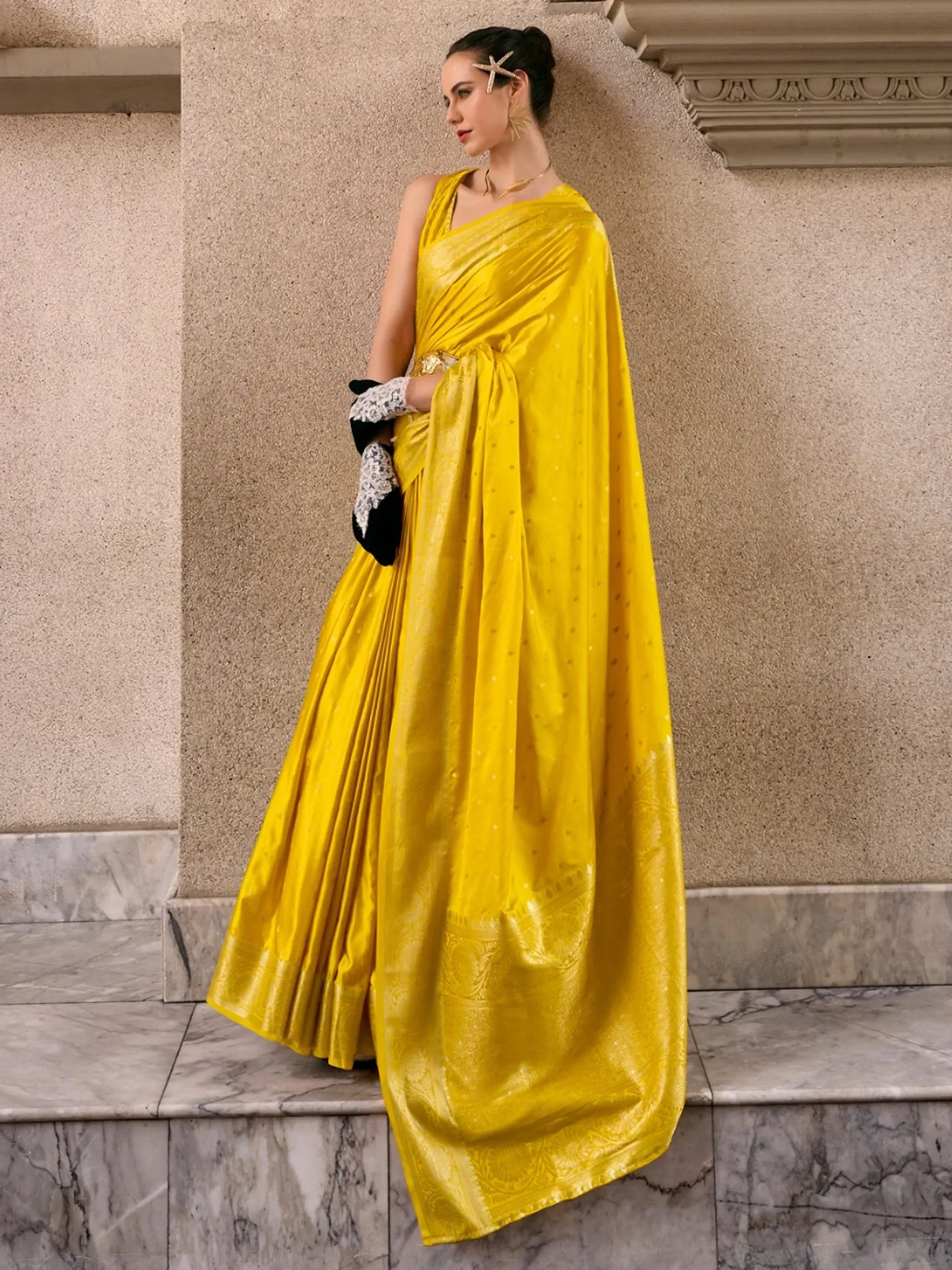 Captivating Mustard Yellow Zari Weaving Silk Haldi Wear Saree - Zeel Clothing