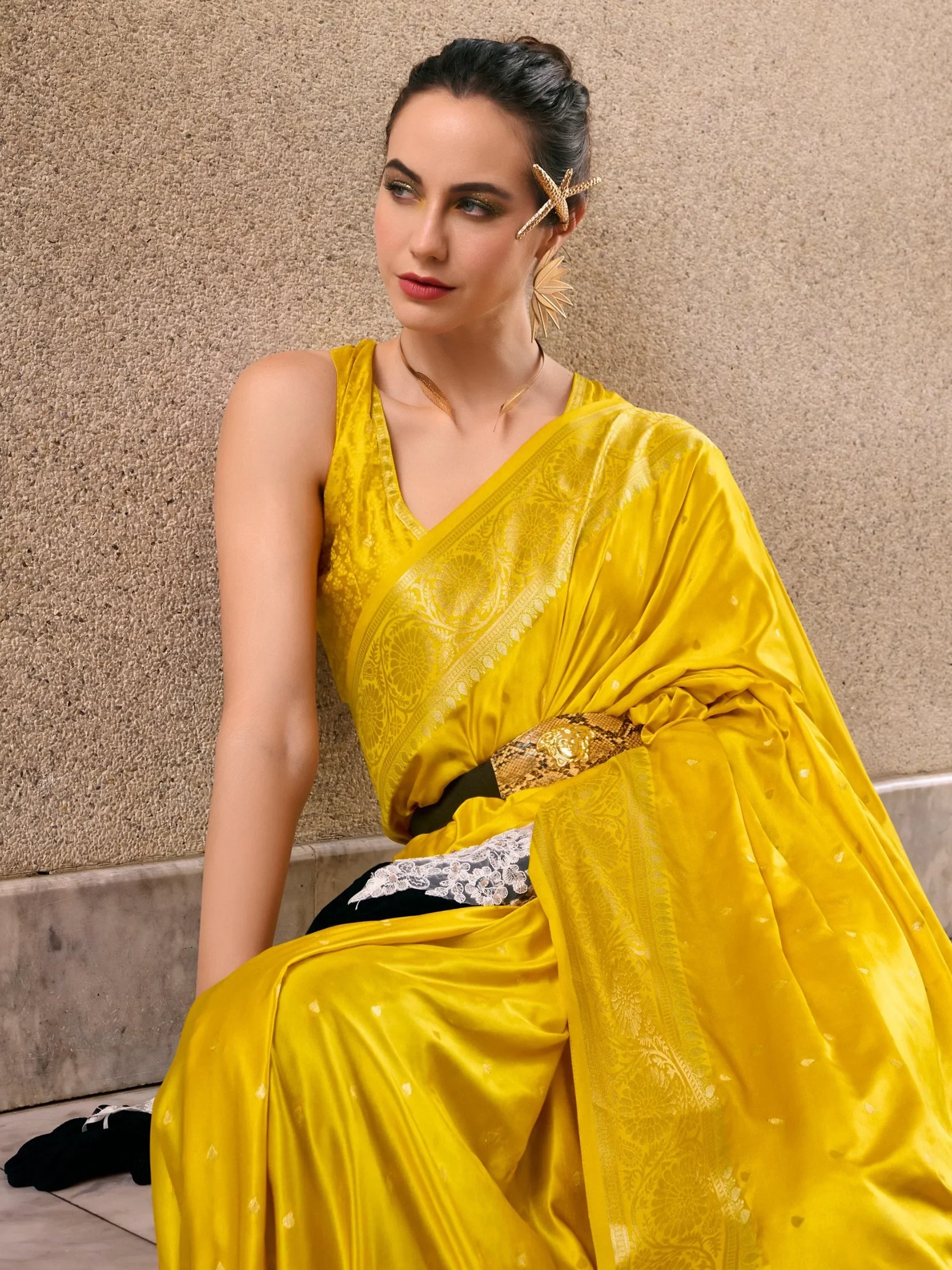 Captivating Mustard Yellow Zari Weaving Silk Haldi Wear Saree - Zeel Clothing