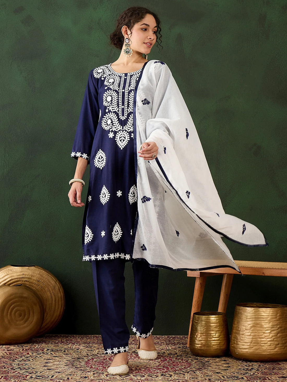 Captivating Navy Blue Embroidered Rayon Casual Wear Pant Suit - Zeel Clothing