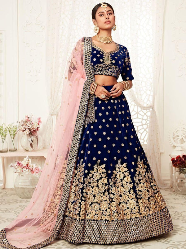 Captivating Navy Blue Embroidered Velvet Bridal Wear Lehenga Choli