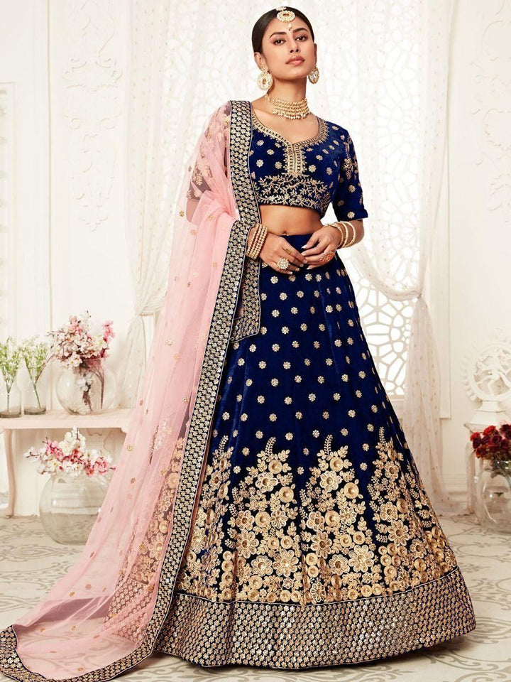 Captivating Navy Blue Embroidered Velvet Bridal Wear Lehenga Choli