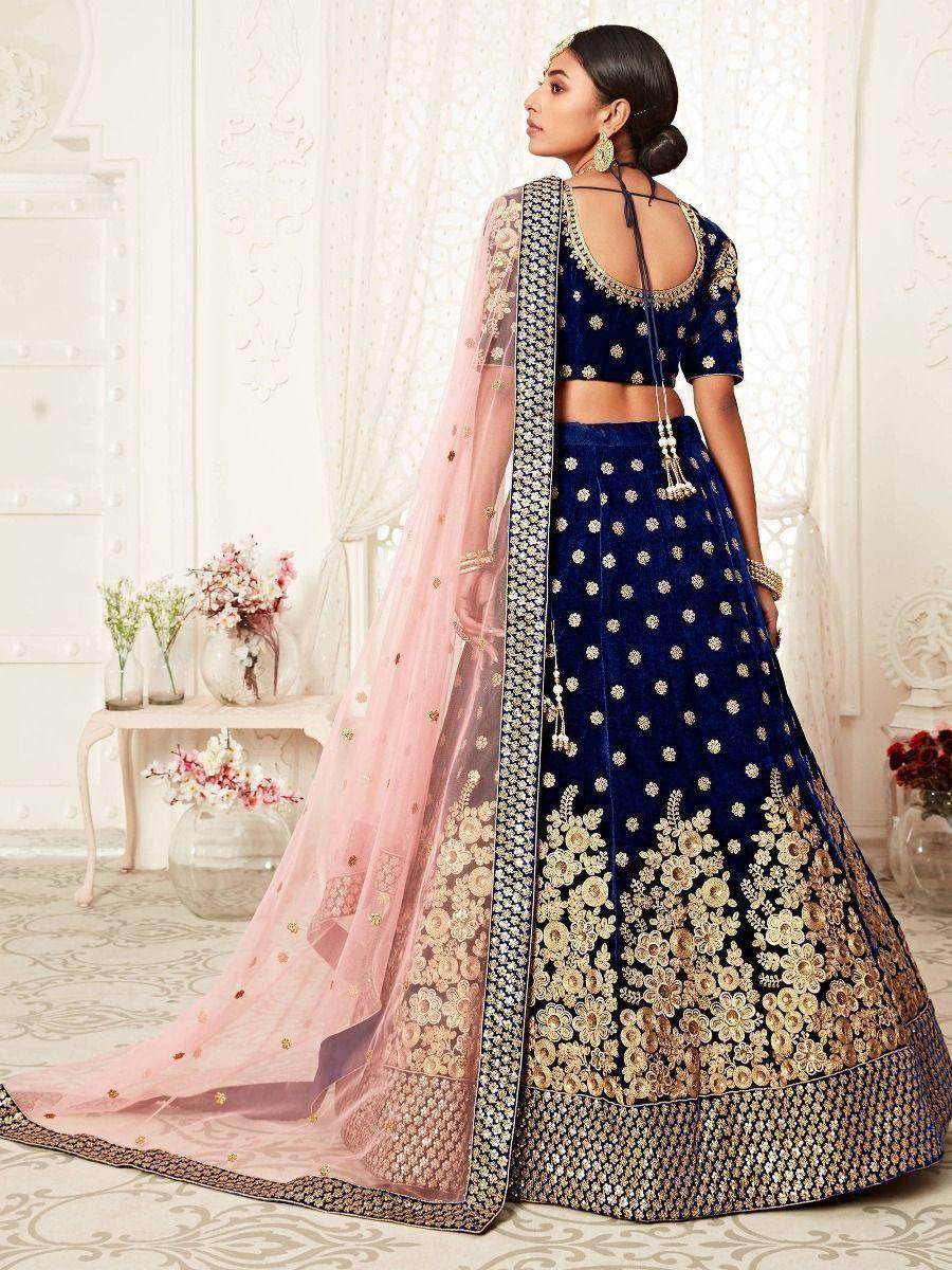 Captivating Navy Blue Embroidered Velvet Bridal Wear Lehenga Choli - Zeel Clothing