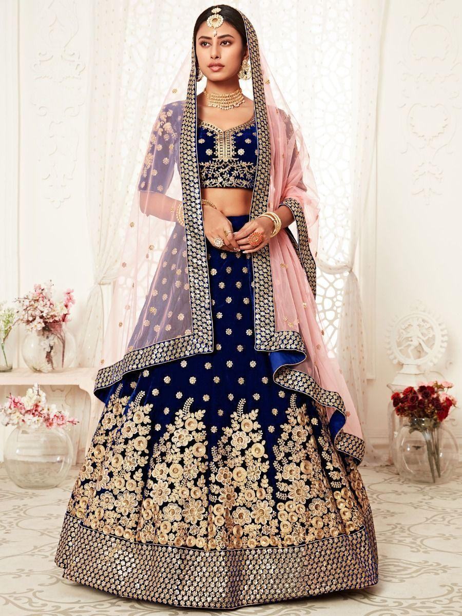 Captivating Navy Blue Embroidered Velvet Bridal Wear Lehenga Choli