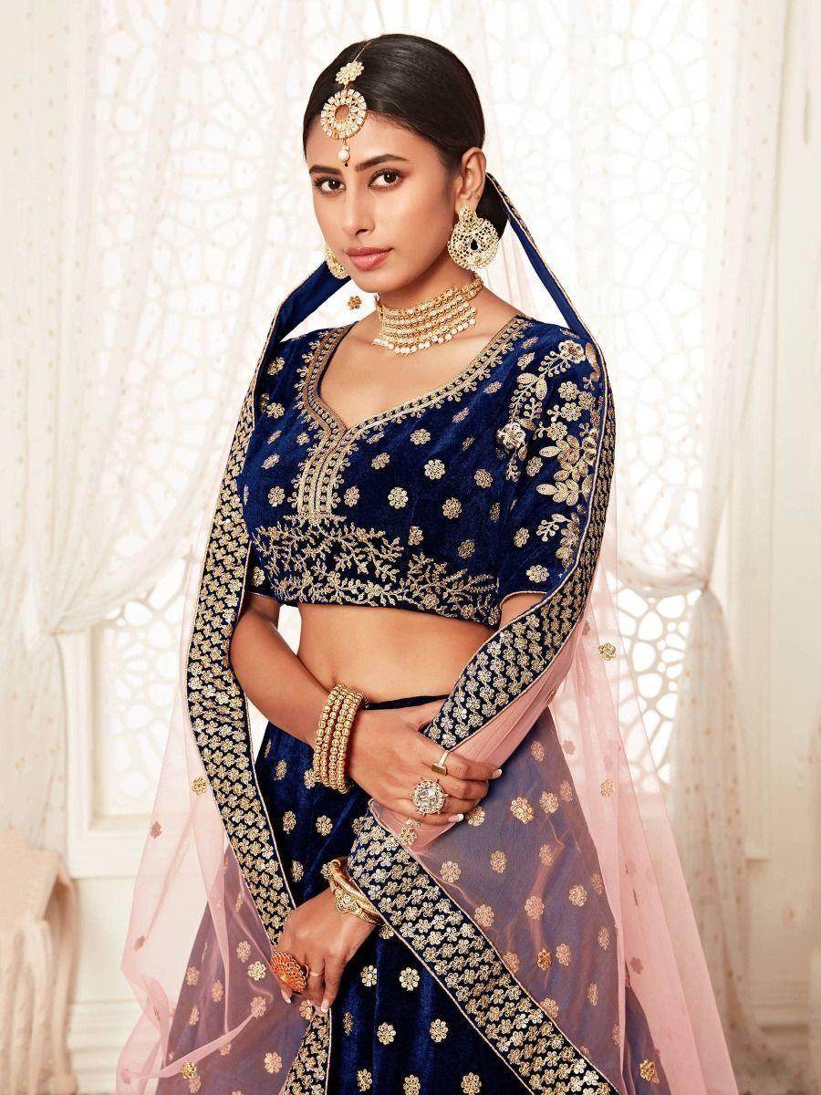 Captivating Navy Blue Embroidered Velvet Bridal Wear Lehenga Choli - Zeel Clothing