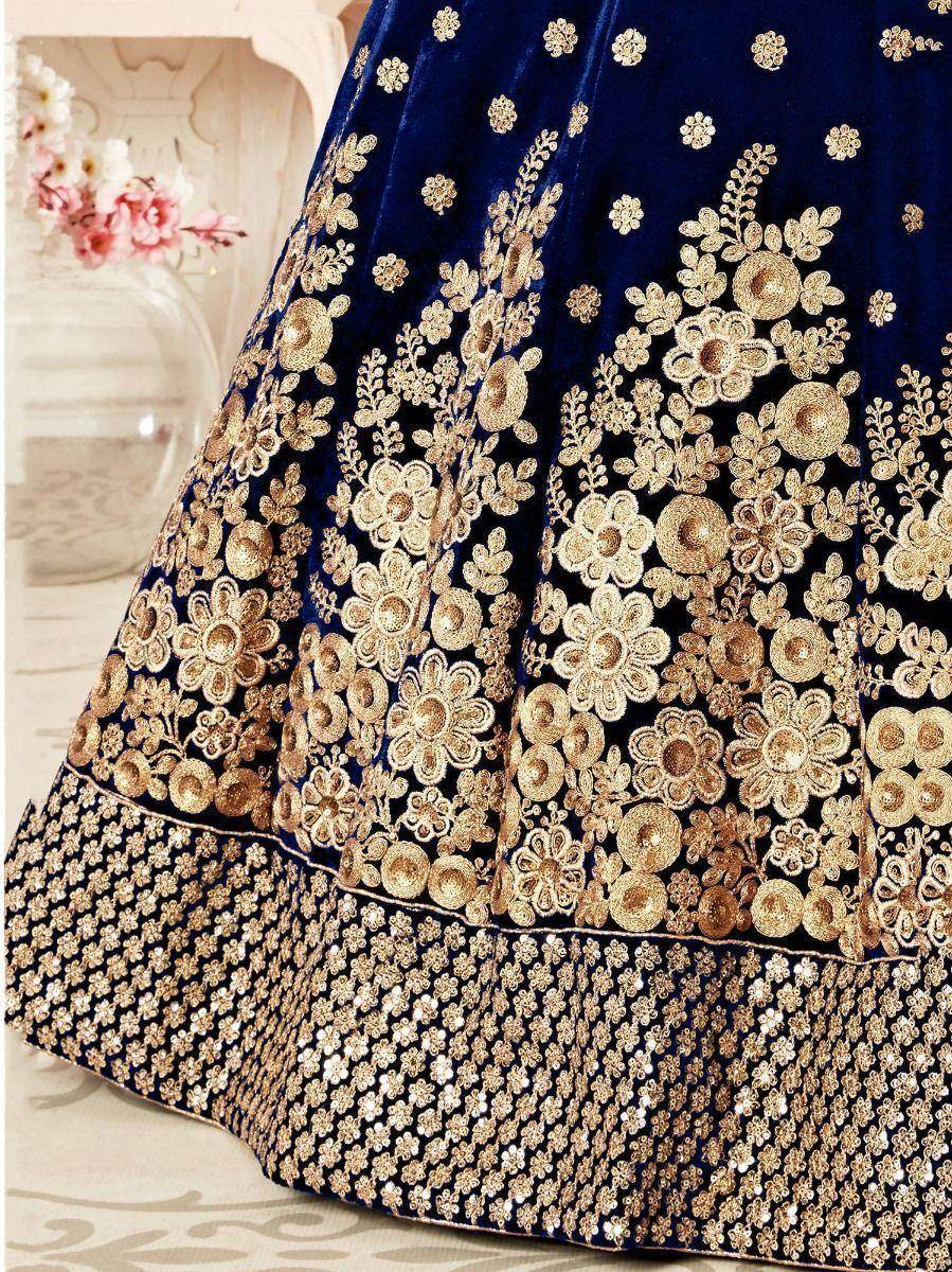 Captivating Navy Blue Embroidered Velvet Bridal Wear Lehenga Choli - Zeel Clothing