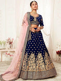 Captivating Navy Blue Embroidered Velvet Bridal Wear Lehenga Choli - Zeel Clothing