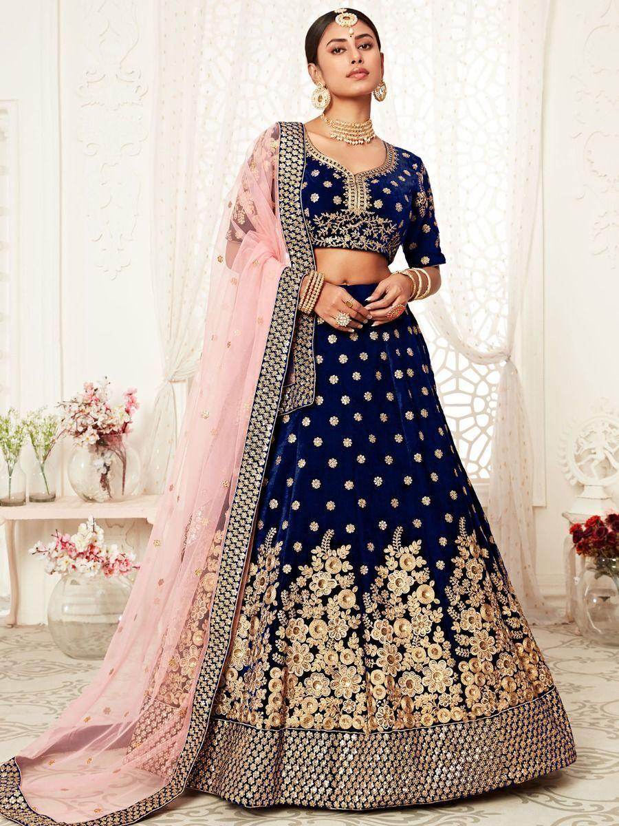 Captivating Navy Blue Embroidered Velvet Bridal Wear Lehenga Choli - Zeel Clothing