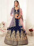 Captivating Navy Blue Embroidered Velvet Bridal Wear Lehenga Choli - Zeel Clothing