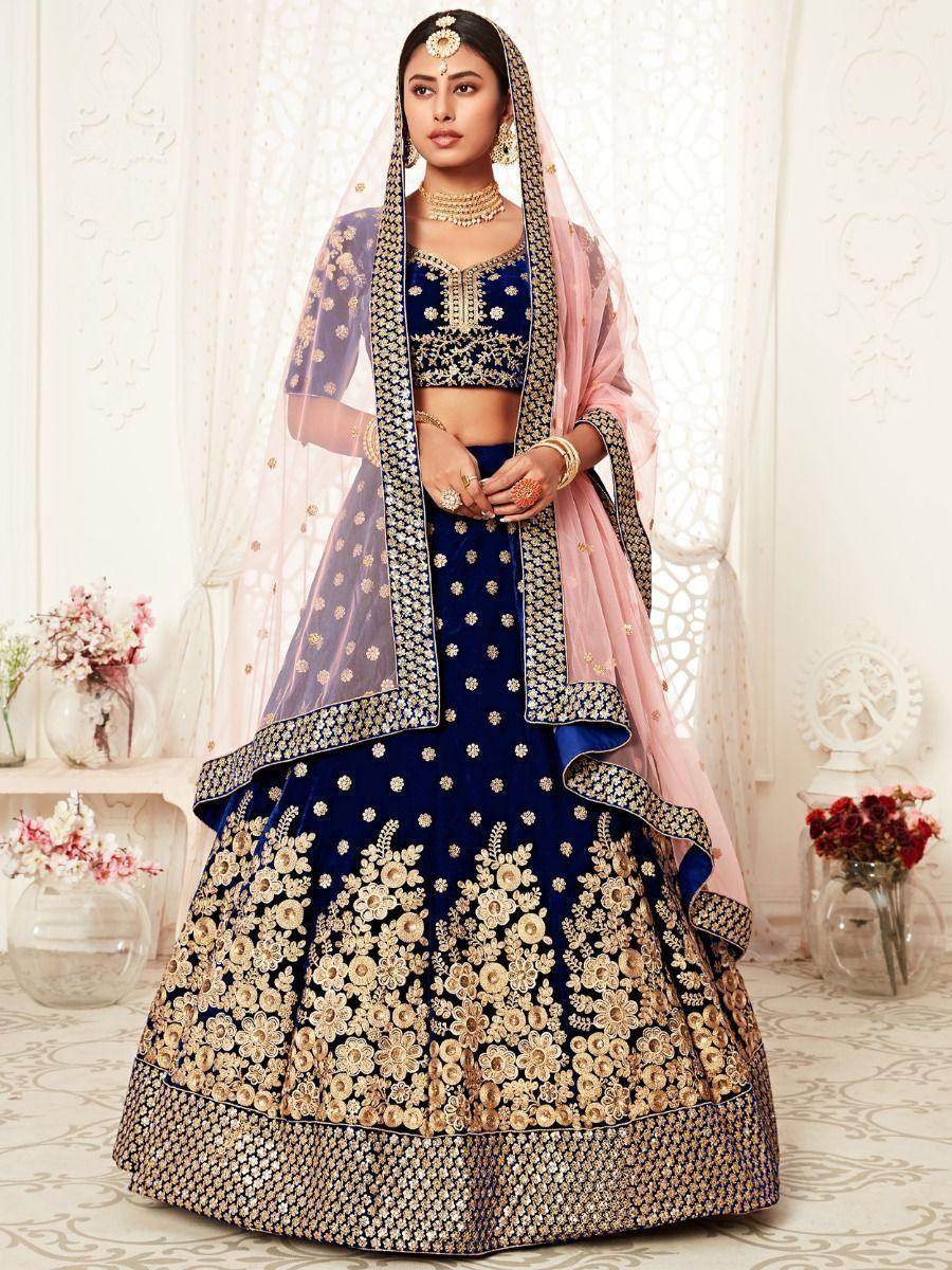 Captivating Navy Blue Embroidered Velvet Bridal Wear Lehenga Choli - Zeel Clothing