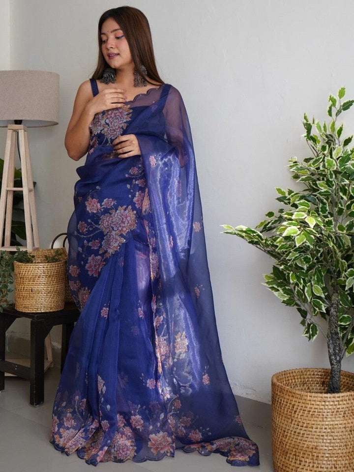 Captivating Navy Blue Floral Printed Organza Party Wear Saree