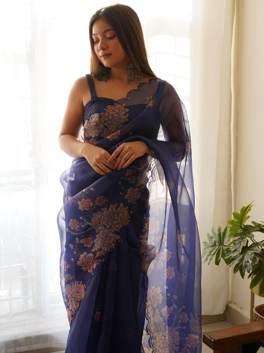 Captivating Navy Blue Floral Printed Organza Party Wear Saree