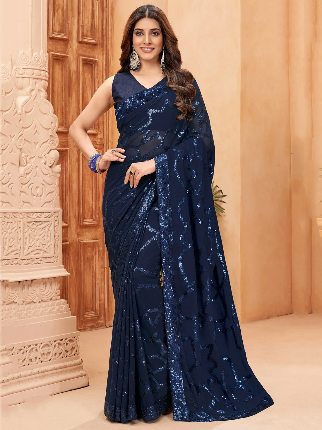 Captivating Navy Blue Sequins Georgette Cocktail Party Wear Saree - Zeel Clothing