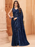 Captivating Navy Blue Sequins Georgette Cocktail Party Wear Saree - Zeel Clothing