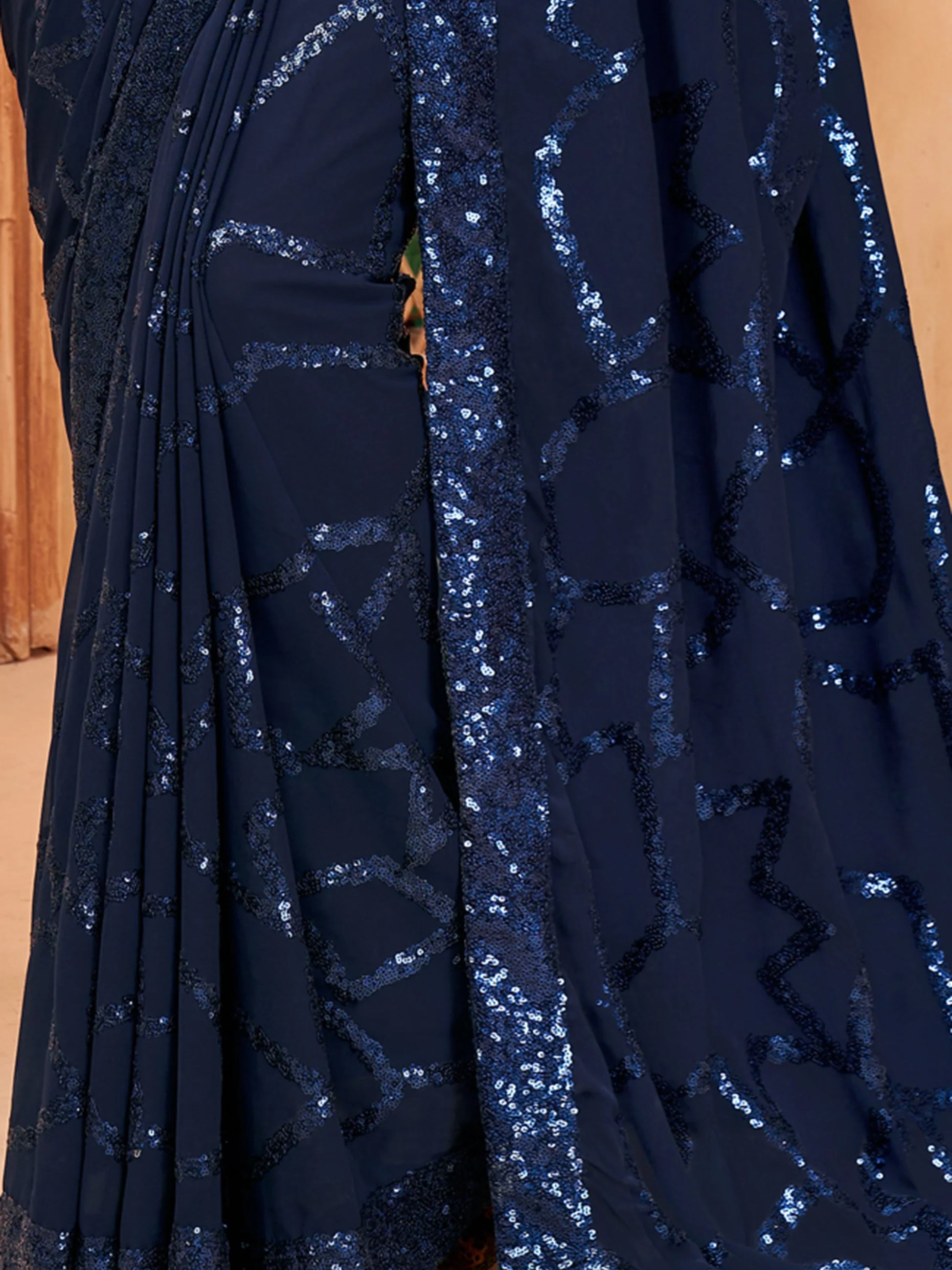 Captivating Navy Blue Sequins Georgette Cocktail Party Wear Saree - Zeel Clothing