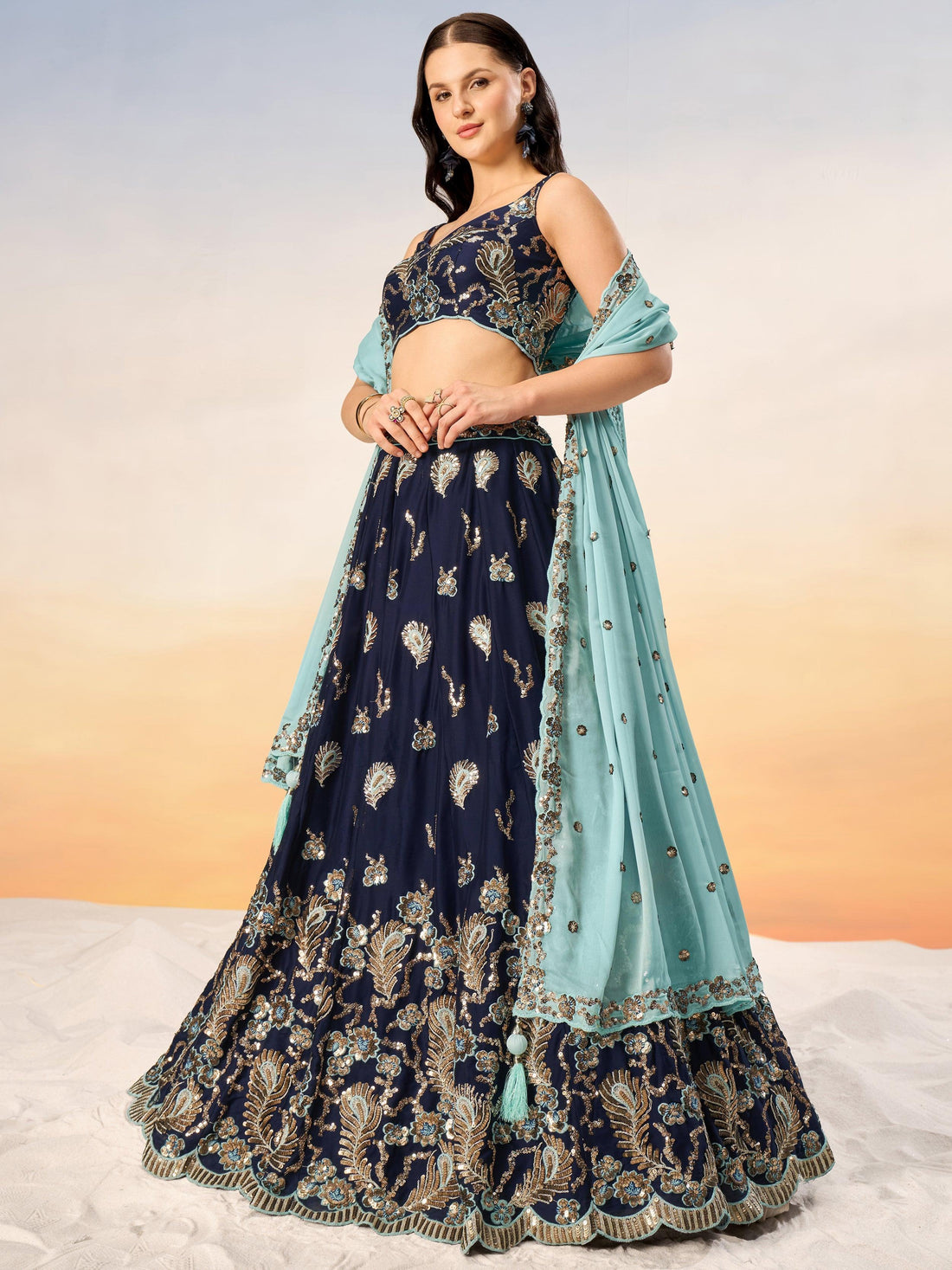 Captivating Navy Blue Sequins Georgette Lehenga Choli With Dupatta