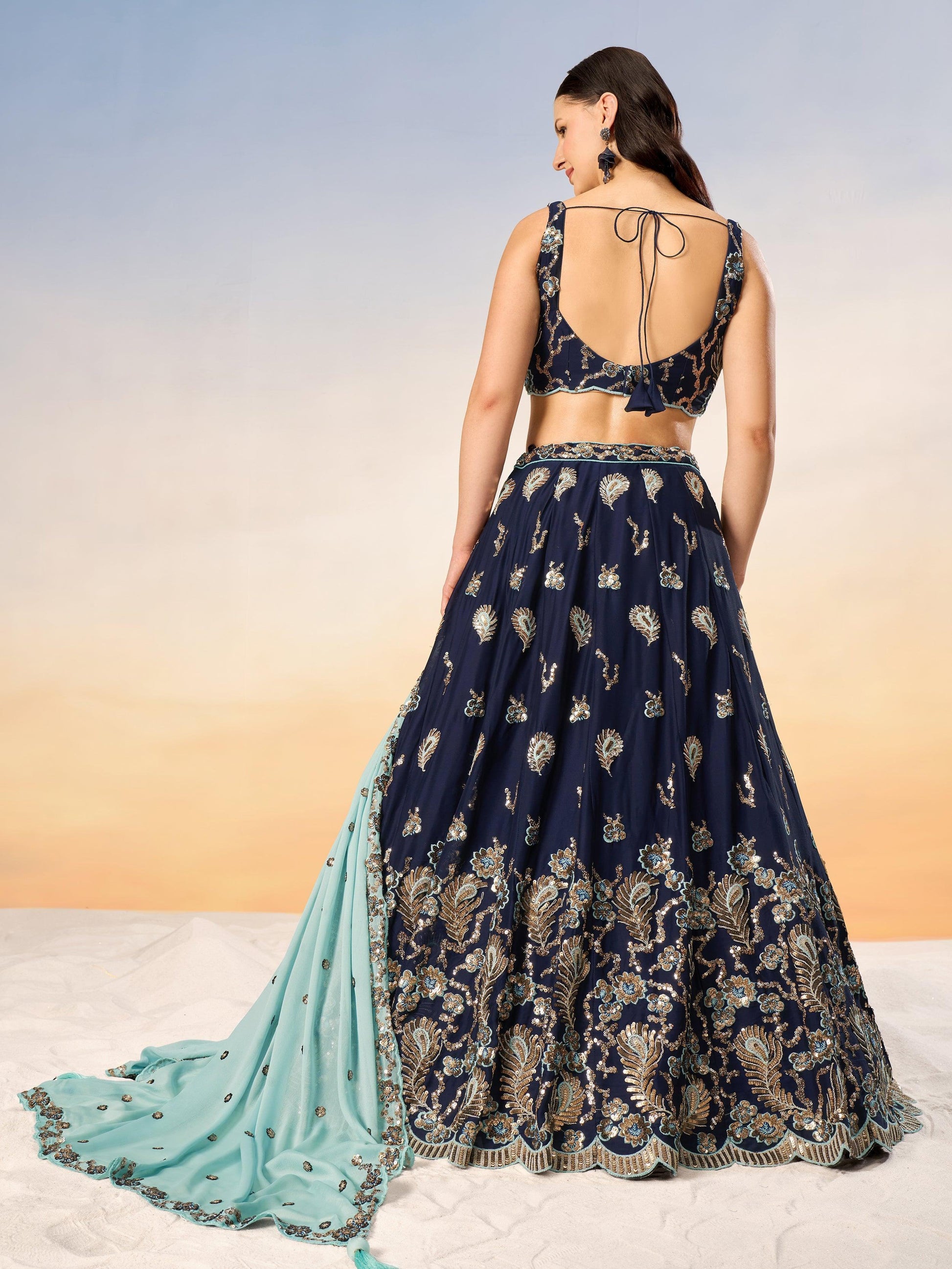 Captivating Navy Blue Sequins Georgette Lehenga Choli With Dupatta