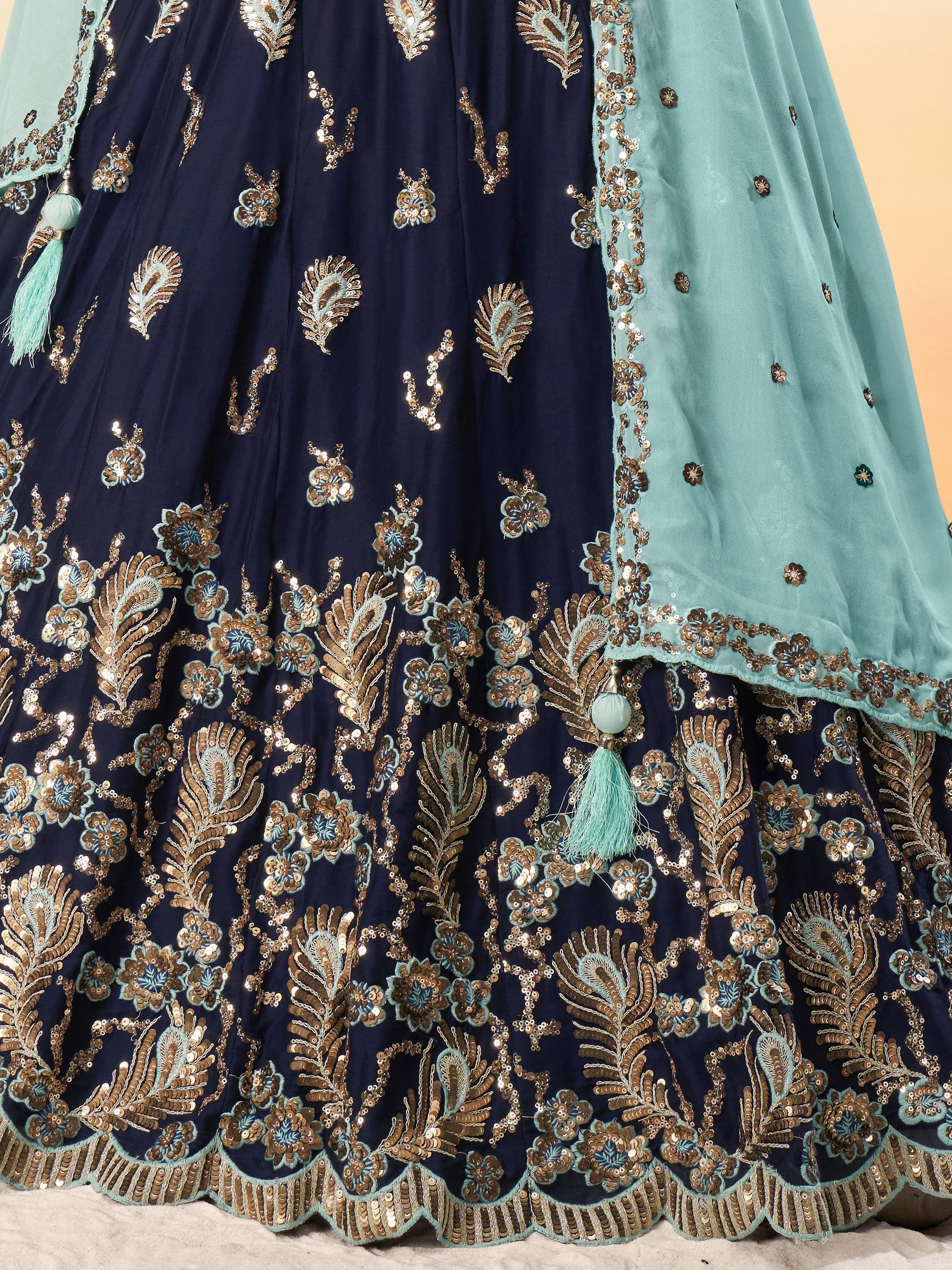 Captivating Navy Blue Sequins Georgette Lehenga Choli With Dupatta