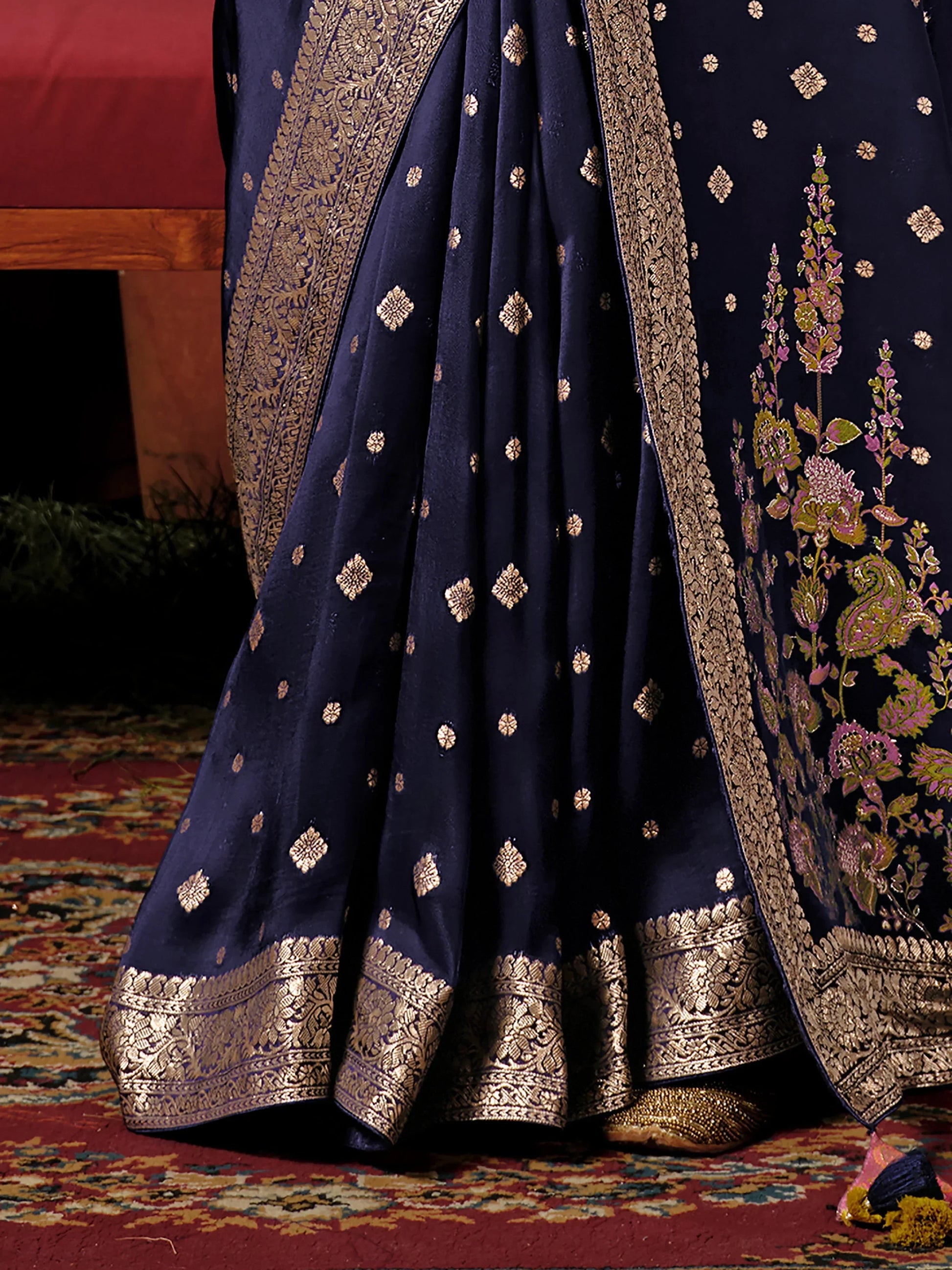 Captivating Navy Blue Zari Weaving Silk Traditional Saree With Blouse - Zeel Clothing