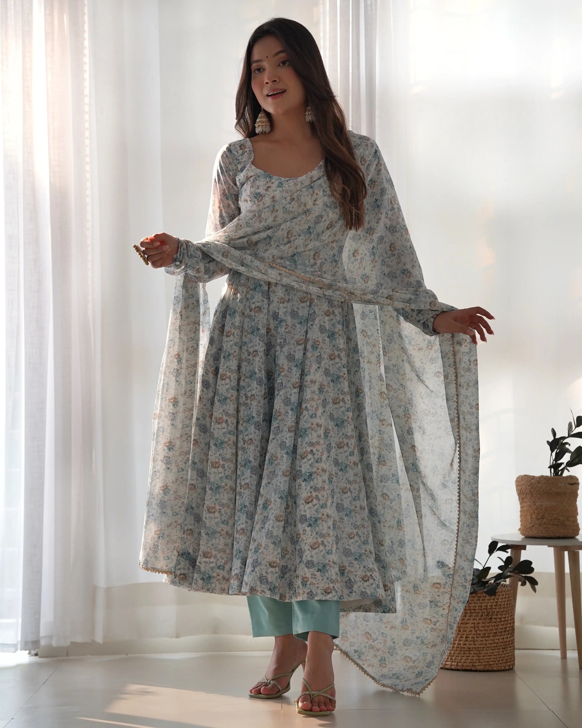 Captivating Off-White Digital Printed Chiffon Festival Wear Anarkali Suit - Zeel Clothing