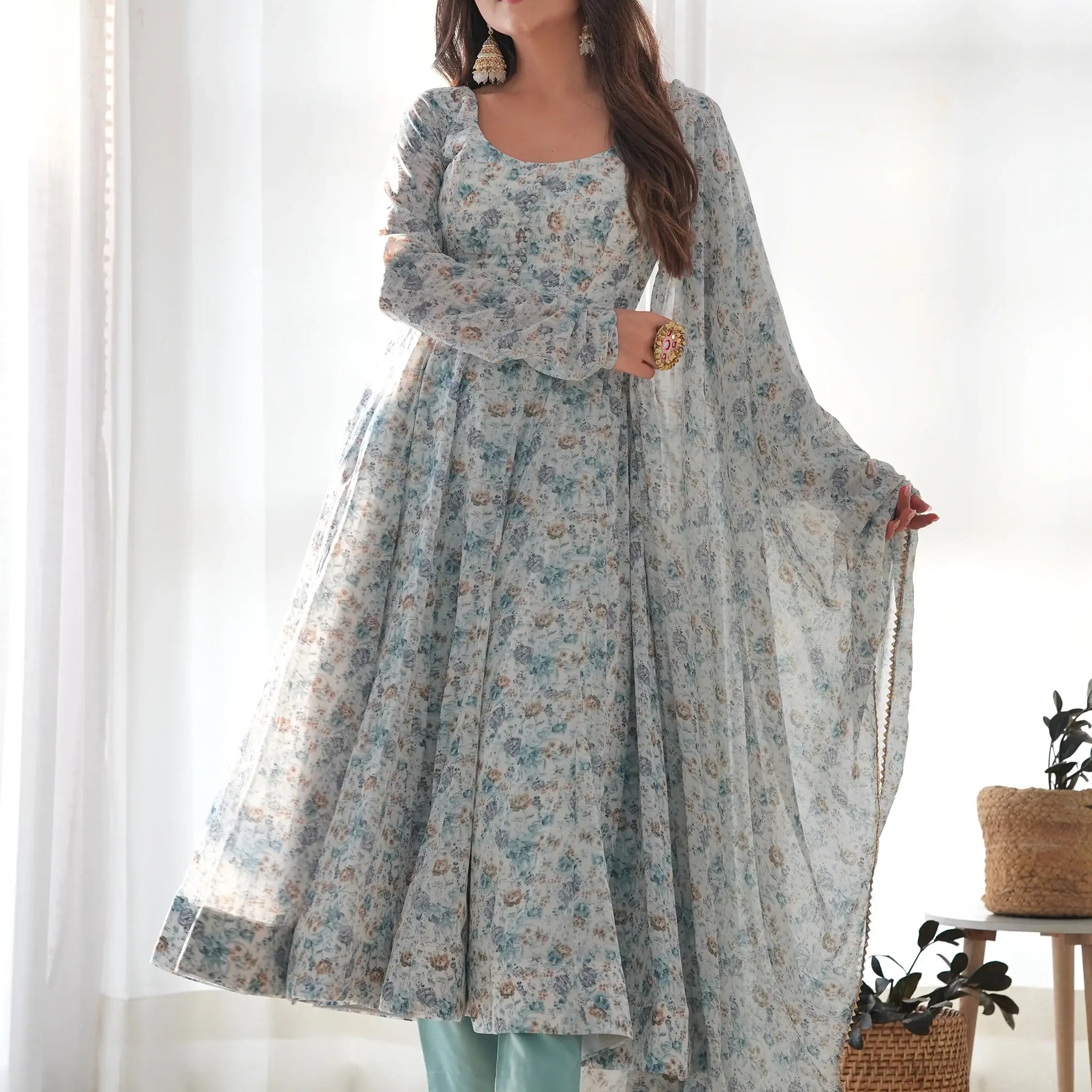 Captivating Off-White Digital Printed Chiffon Festival Wear Anarkali Suit - Zeel Clothing