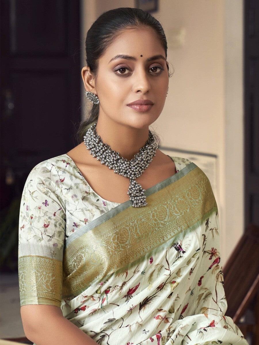 Captivating Off-White Digital Printed Silk Saree With Blouse