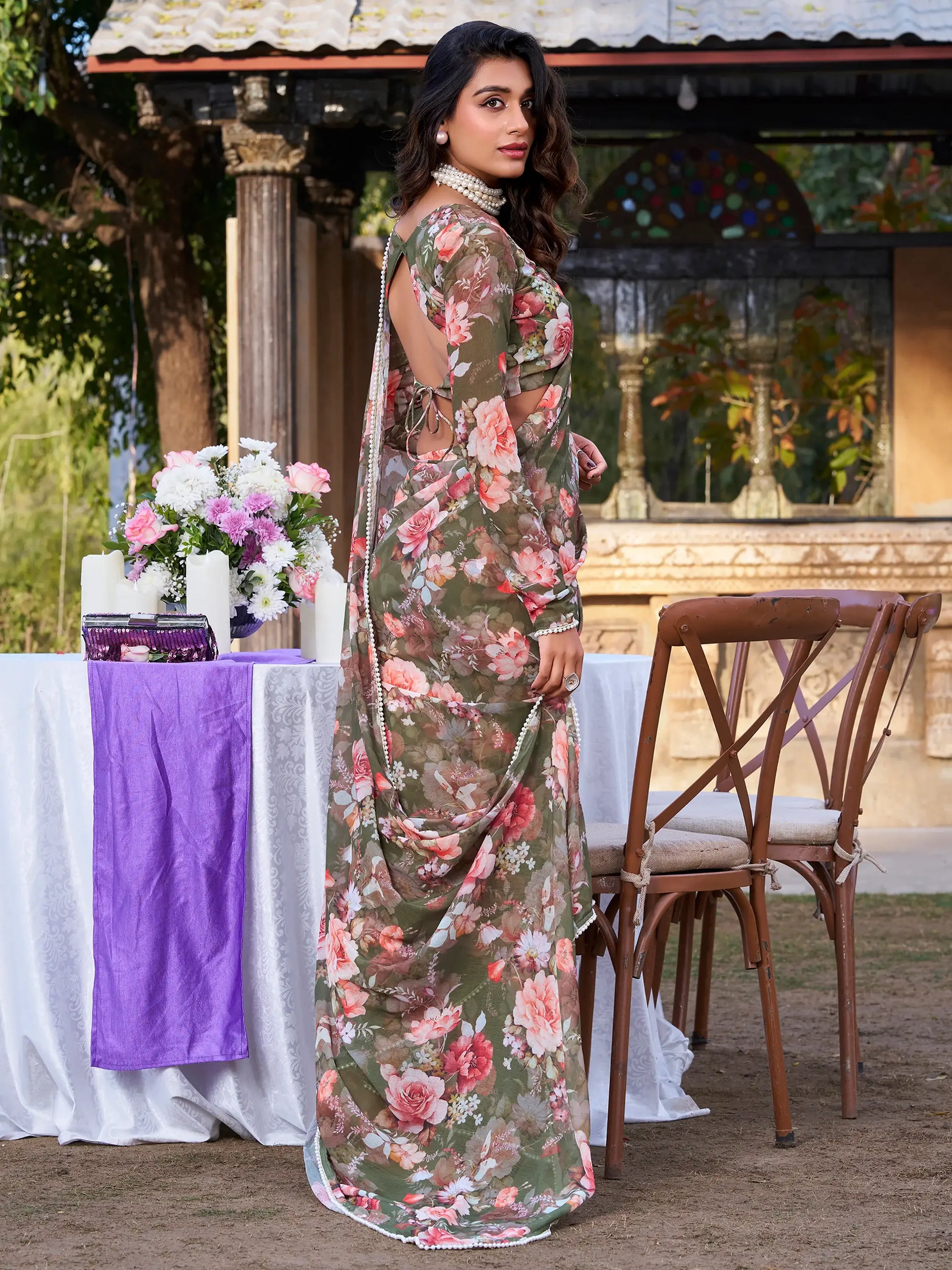 Captivating Olive Green Floral Printed Chiffon Event Wear Saree - Zeel Clothing