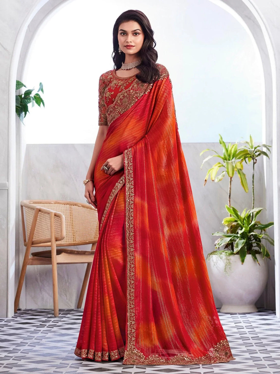 Captivating Orange & Red Embroidered Silk Wedding Saree With Blouse