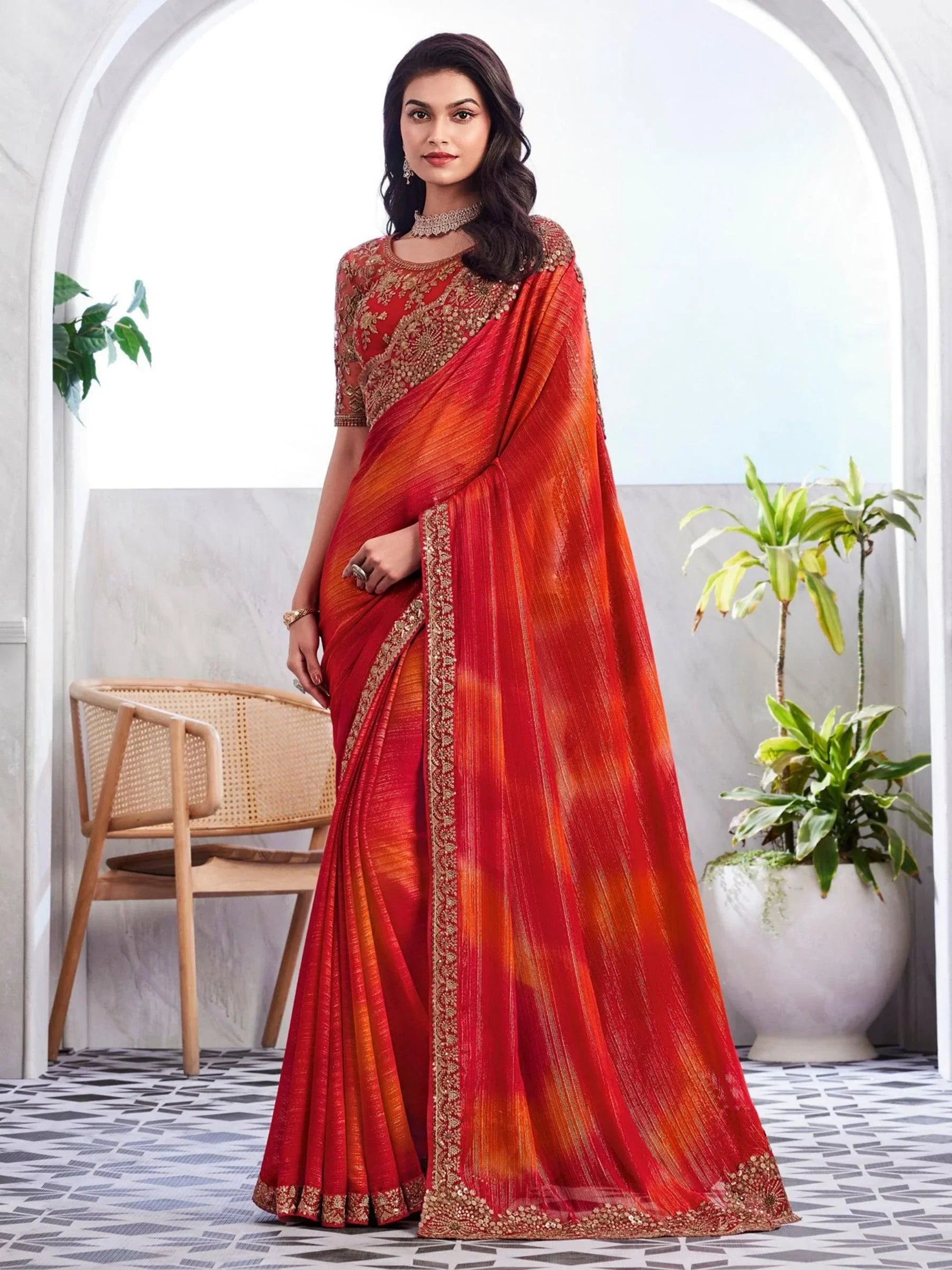 Captivating Orange & Red Embroidered Silk Wedding Saree With Blouse