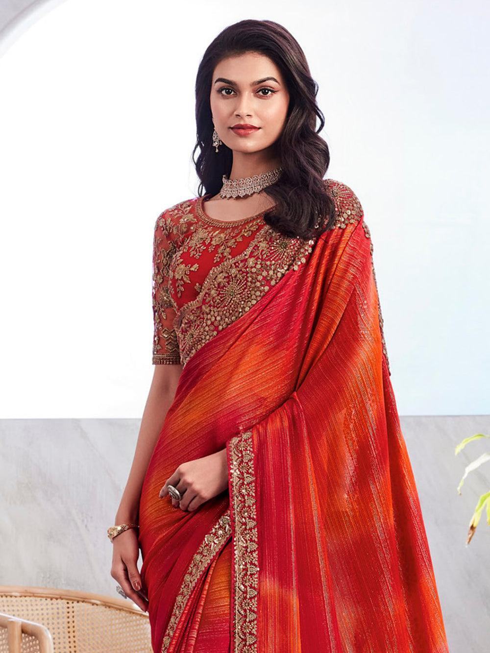 Captivating Orange & Red Embroidered Silk Wedding Saree With Blouse