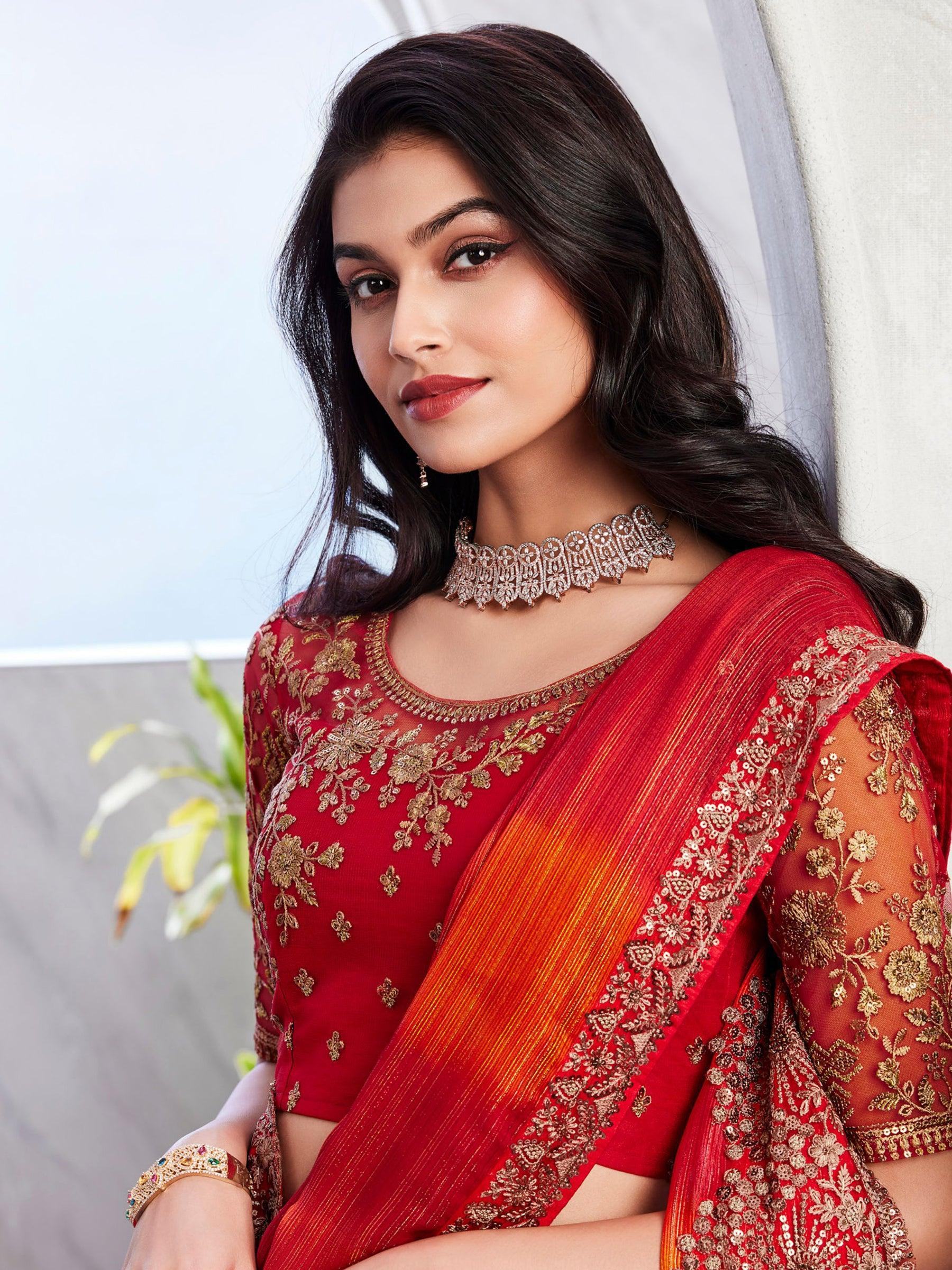 Captivating Orange & Red Embroidered Silk Wedding Saree With Blouse