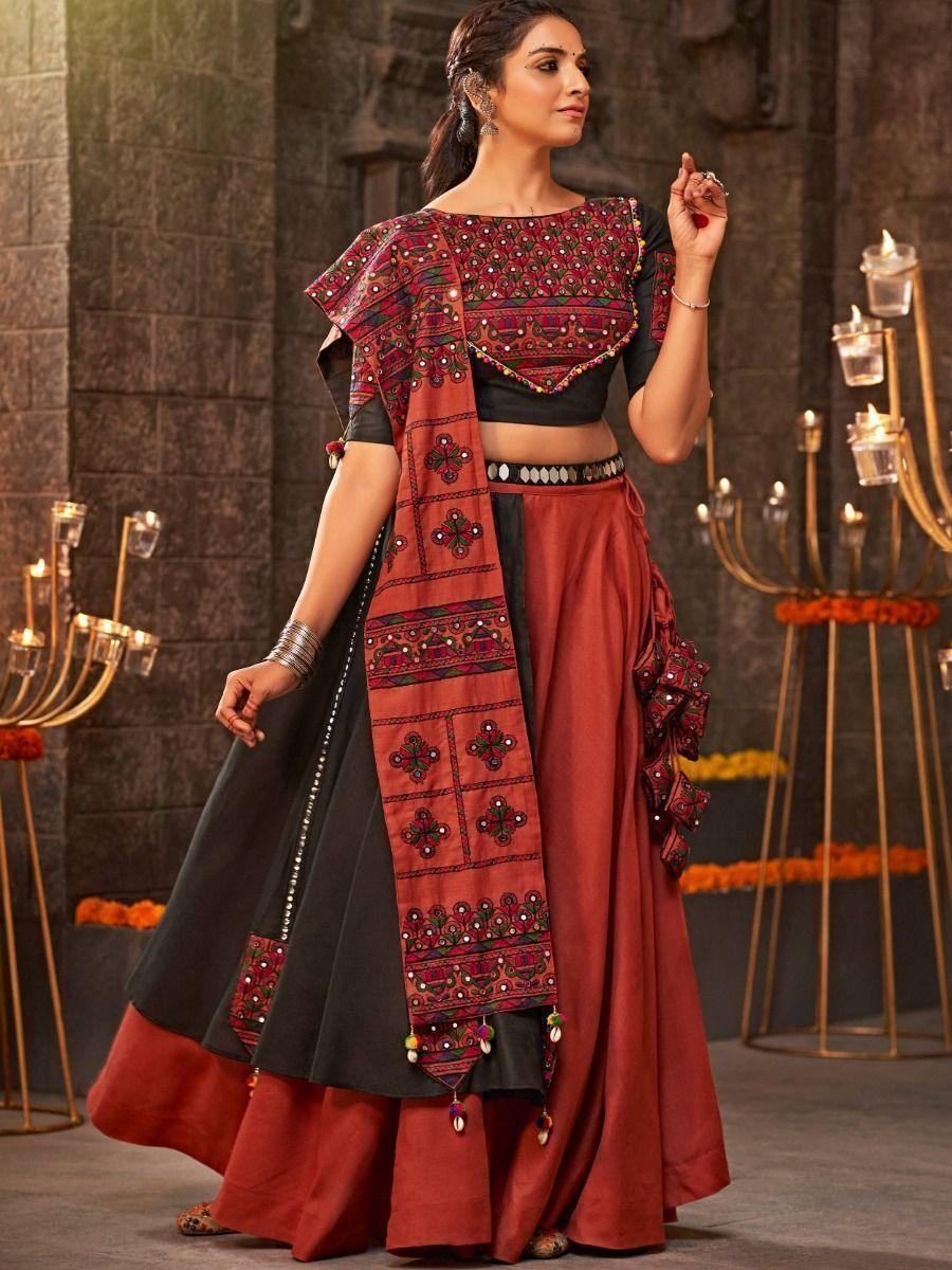 Captivating Orange Mirror Work Cotton Navratri Lehenga Choli