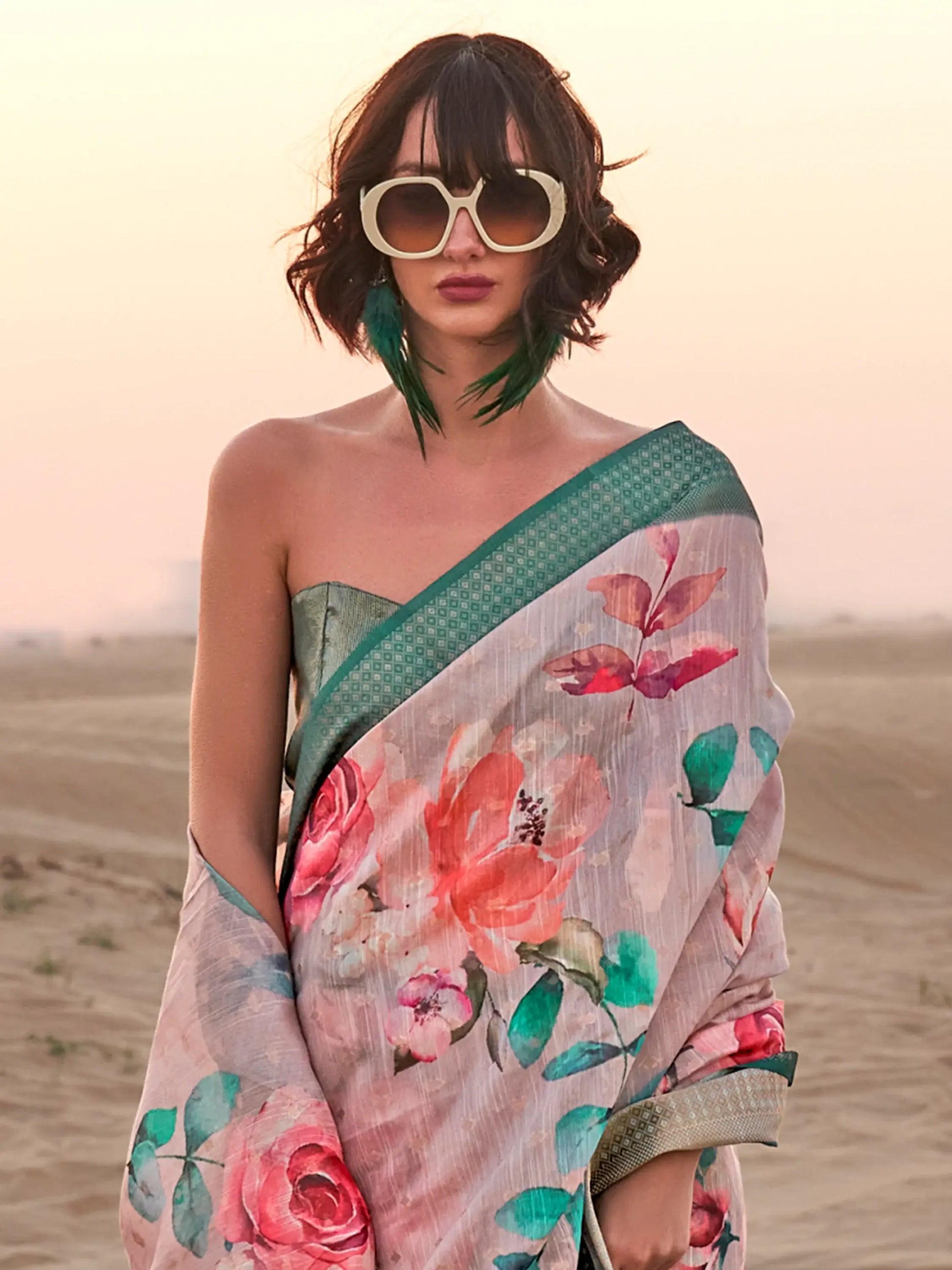 Captivating  Peach Printed Linen Traditional Saree With Blouse - Zeel Clothing