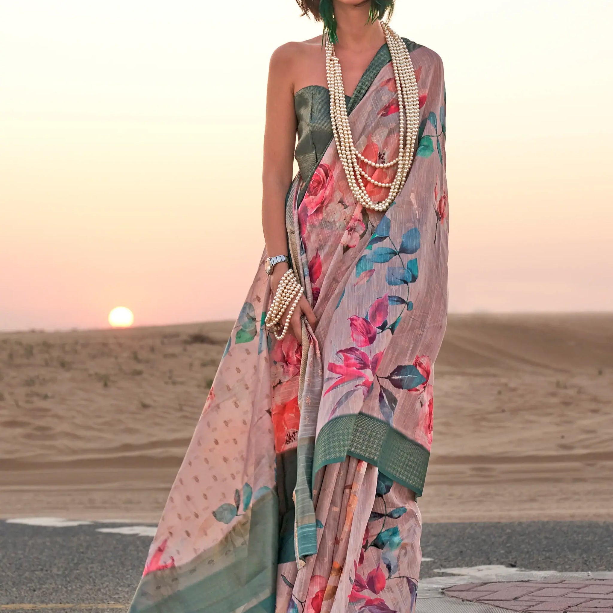 Captivating  Peach Printed Linen Traditional Saree With Blouse - Zeel Clothing