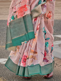 Captivating  Peach Printed Linen Traditional Saree With Blouse - Zeel Clothing