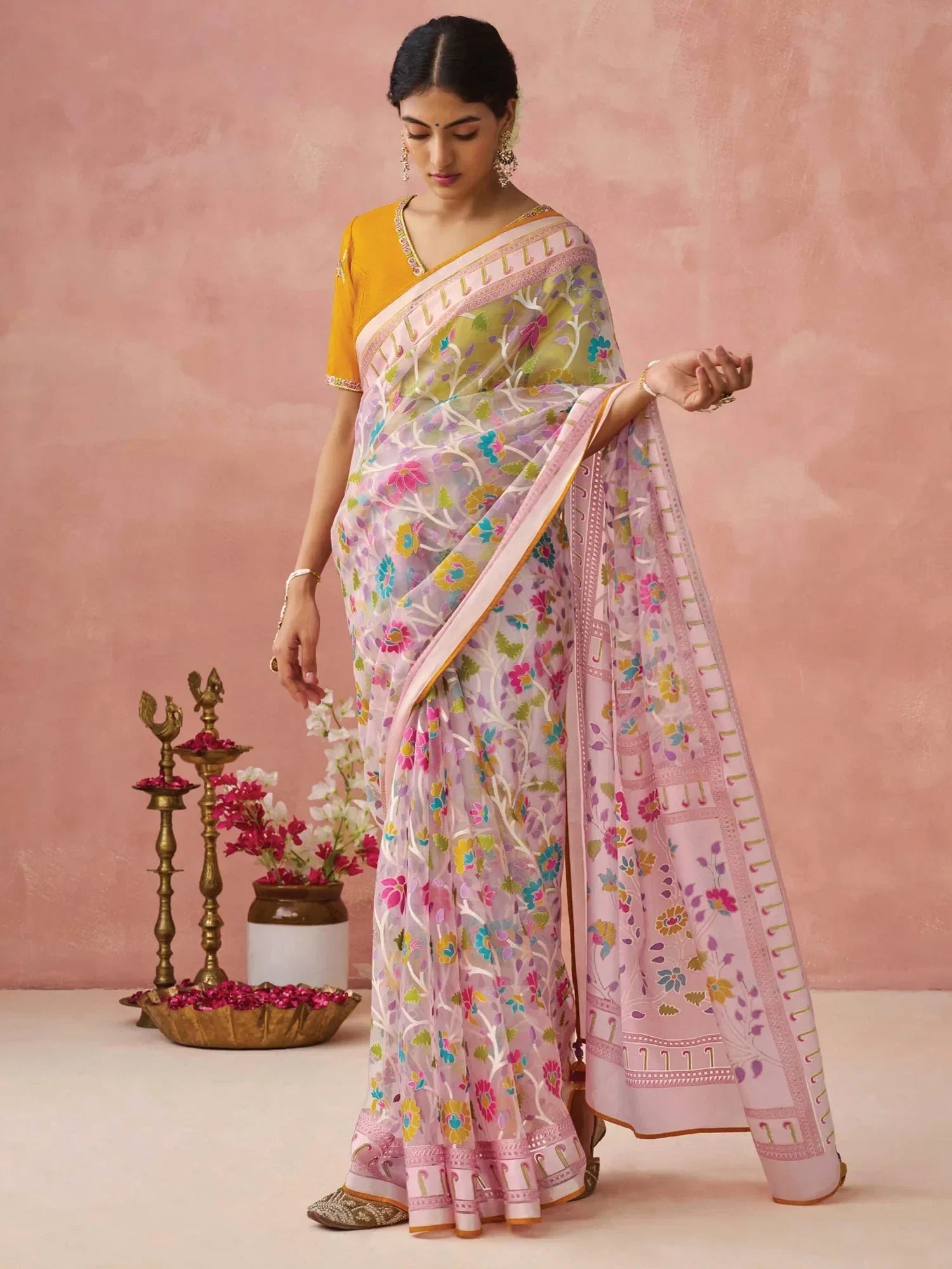 Captivating Peach Printed Organza Trendy Saree With Blouse - Zeel Clothing