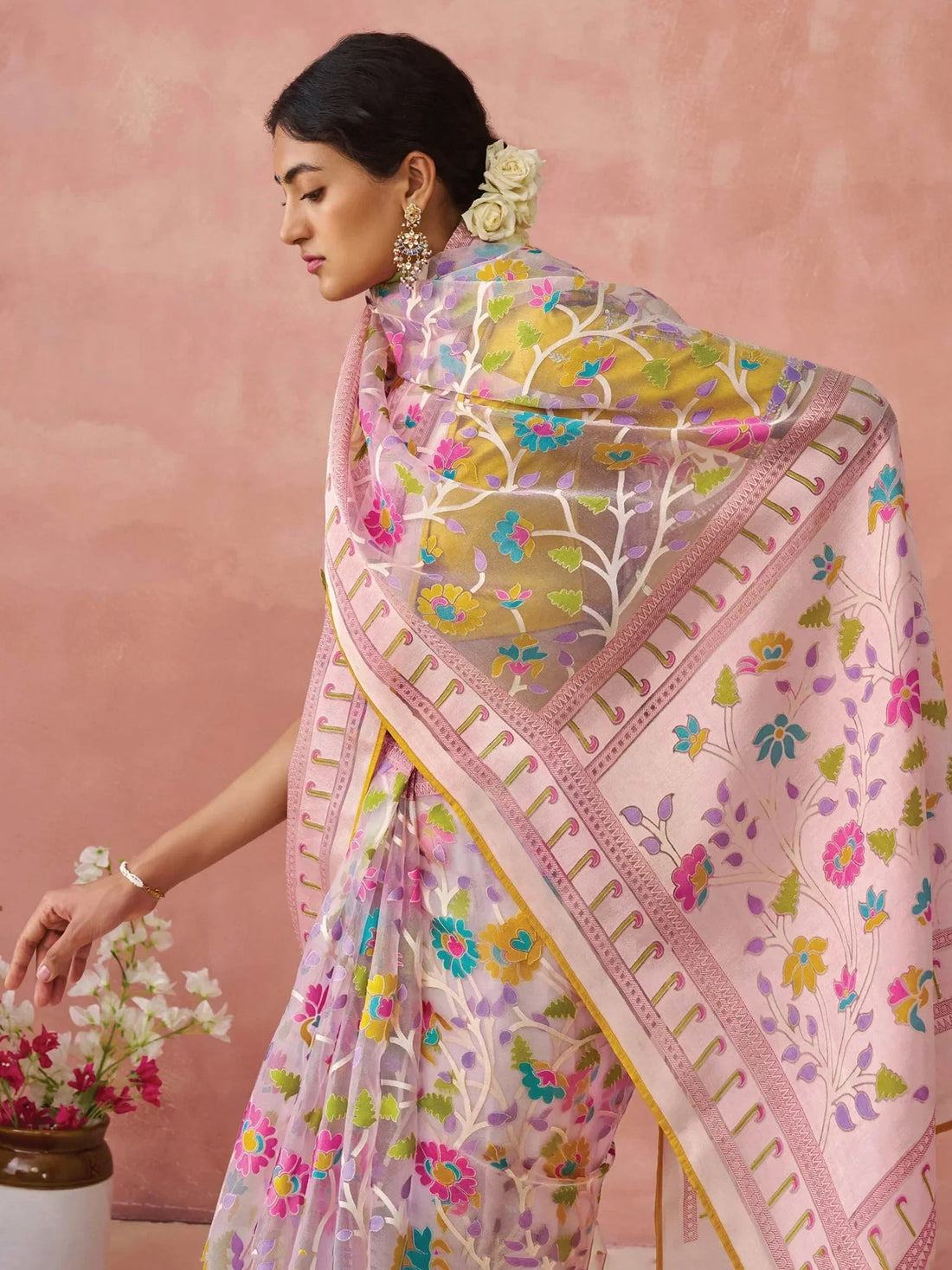 Captivating Peach Printed Organza Trendy Saree With Blouse - Zeel Clothing