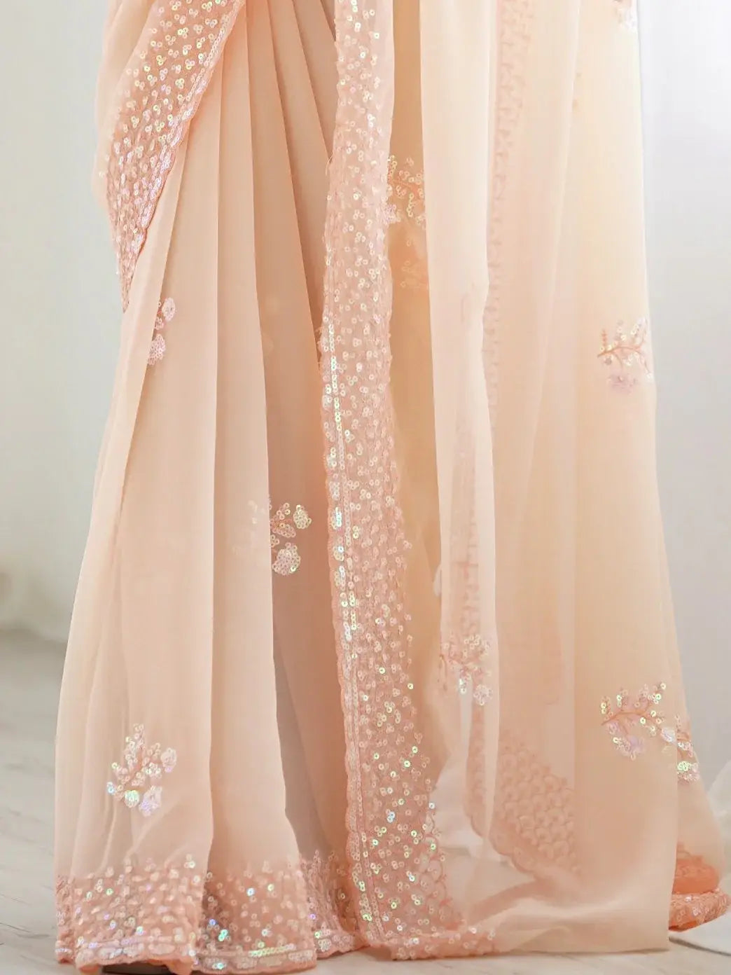 Captivating Peach Sequins Embroidered Georgette Reception Wear Saree - Zeel Clothing