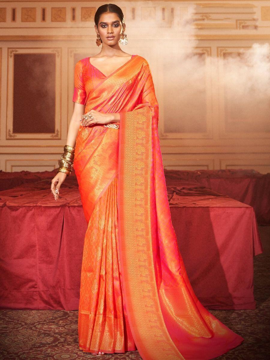 Captivating Peach Woven Silk Wedding Wear Saree With Blouse - Zeel Clothing