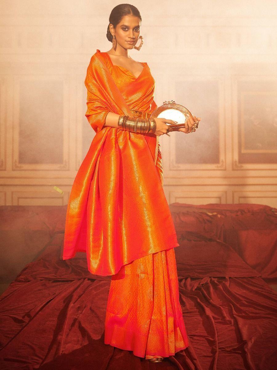 Captivating Peach Woven Silk Wedding Wear Saree With Blouse - Zeel Clothing