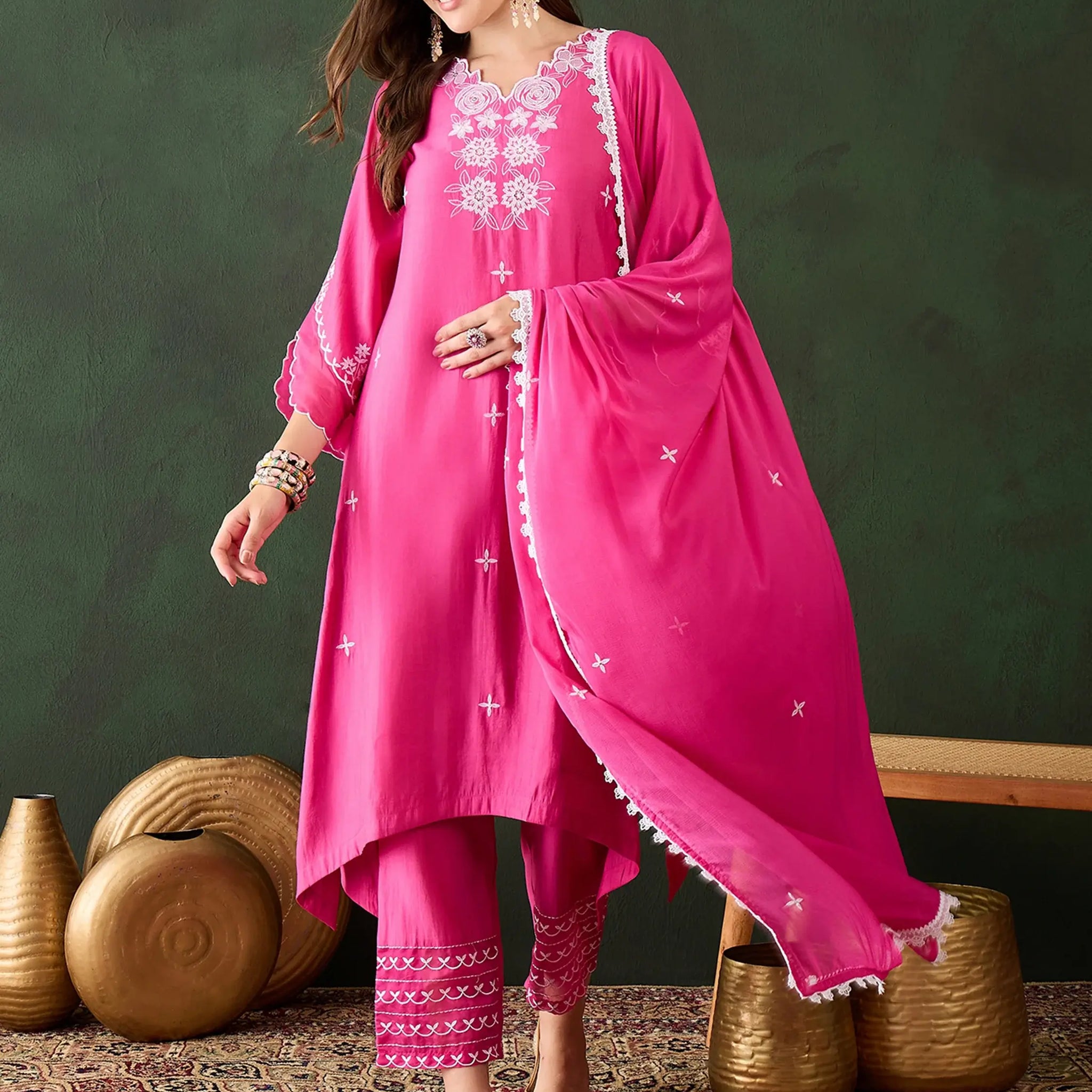 Captivating Pink Chanderi Embroidered Festival Wear Kurta Trouser - Zeel Clothing