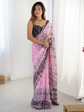 Captivating Pink Digital Printed Chinon Party Wear Saree With Blouse - Zeel Clothing