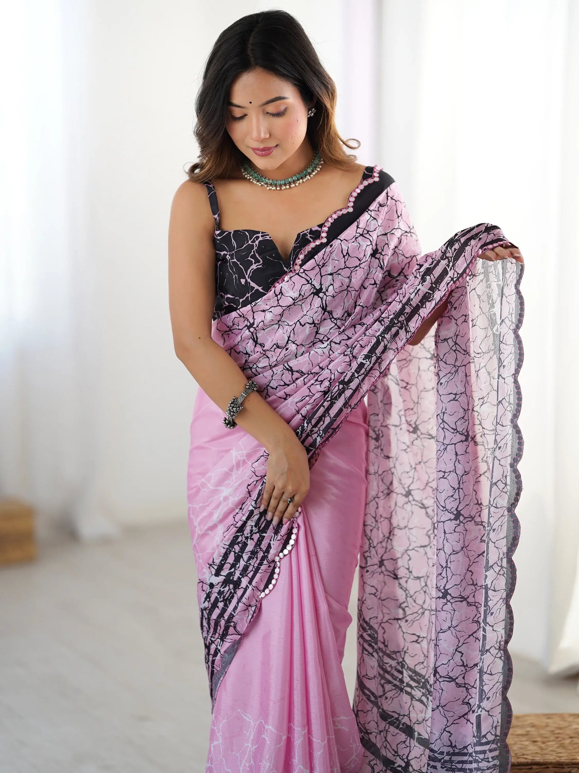Captivating Pink Digital Printed Chinon Party Wear Saree With Blouse - Zeel Clothing